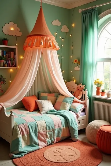 Please design me a fairy tale style bedroom for my boy., with gentle and peaceful design, bright green and orange tones