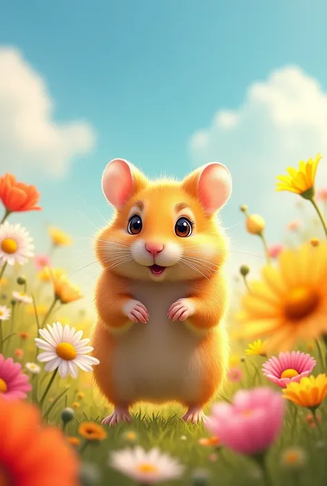 A hamster is having fun in a flower field, looking up at you with sparkling eyes. The hamster is a golden hamster.