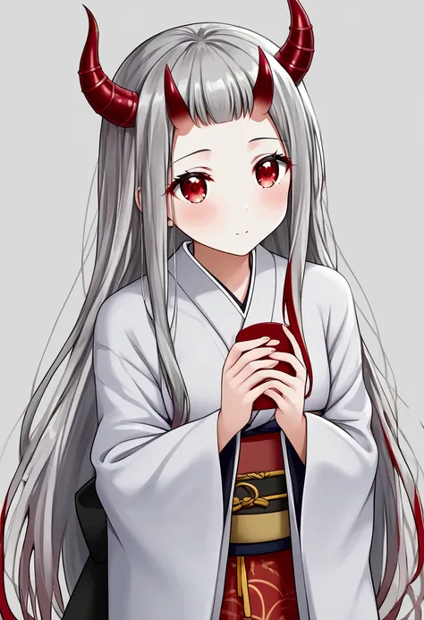 8k, Highest quality, Manga style, View your viewers, Intricate details,One person, Nakiri Ayame, ２Demon horns in the book, Multicolored Hair, Long Hair, Red eyes, Gray Hair, kimono,