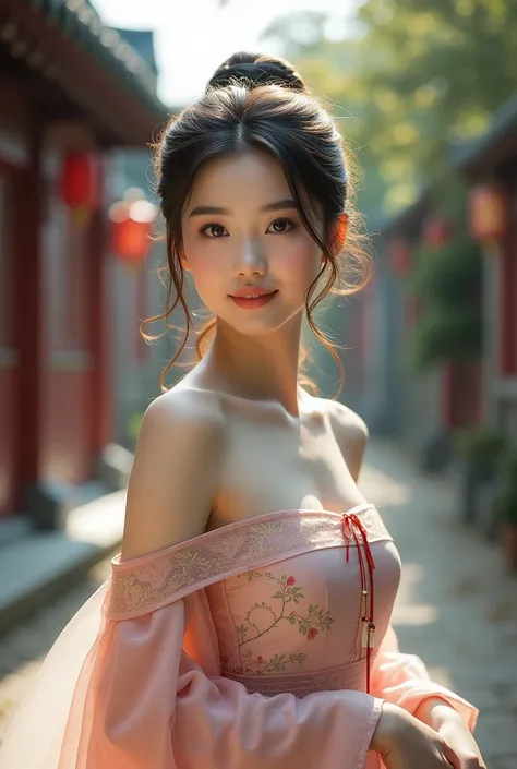 最high quality, masterpiece, High resolution, One person, Hanfu, Tang Dynasty Costume, small, Flat Chest, clavicle, Off-the-shoulder exquisite look, Realistic, Real People, (Skin with attention to detail: 1.4), SLR, Soft Light, high quality, photograph, Hig...