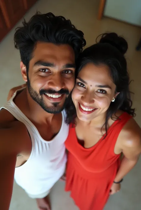 Selfie photo of Indian young  straight couple. Male is wearing White vest and shorts. Female is curvy chubby white fair skin tone, Big breast.Wearing kerala red full length sleeveless kurtis and in kerala middle-class bedroom.realistic image.selfie photo.T...