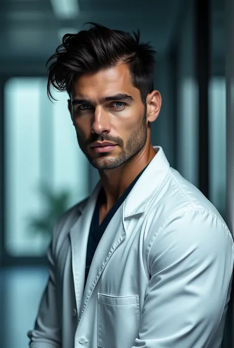 A photorealistic image of a handsome man with dark hair, wearing a white lab coat, with a serious expression. He has a strong jawline and piercing eyes. The lighting is dramatic, with shadows playing across his face. The background is blurred, giving the i...