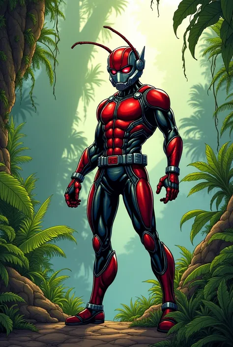 Red colour ant with ant man suit muscular body 
