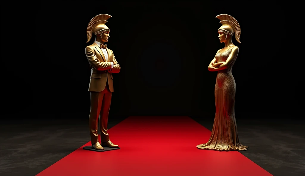 a red carpet with a Gold statue of a man and women wearing formal suit and dress and wearing spartans helmet and cross arms, looking at the camera, looking in front, black background, high quality, 4k resolution, intricate detailed, a sketch by Elaine Hami...