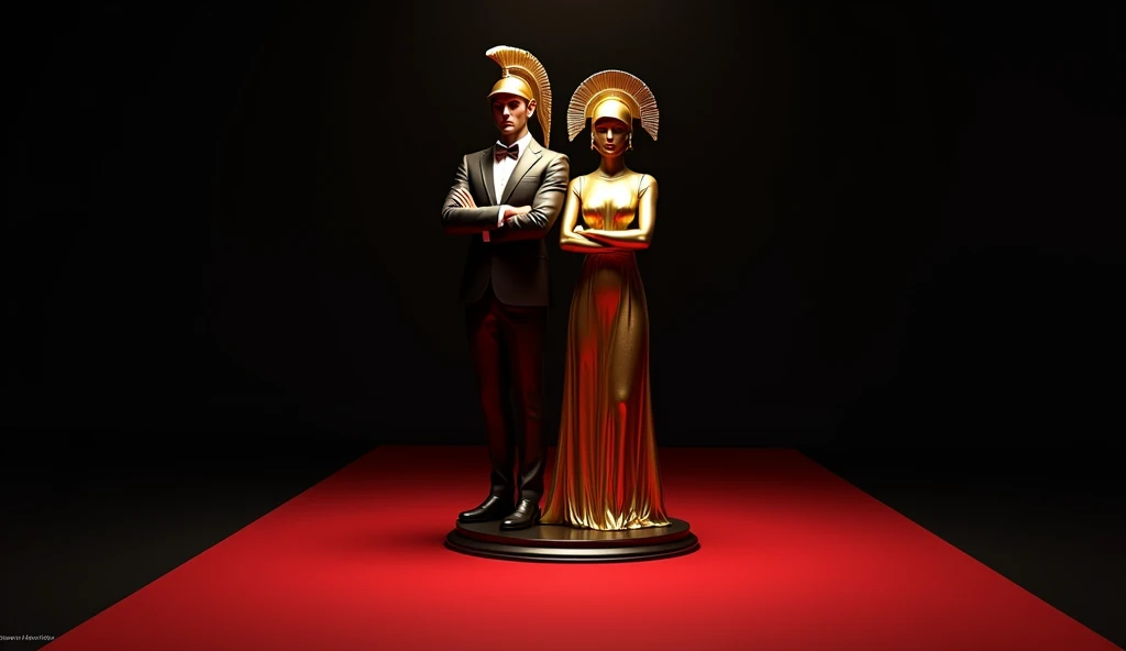 a red carpet with a Gold statue of a man and women wearing formal suit and dress and wearing spartans helmet and cross arms, looking at the camera, looking in front, black background, high quality, 4k resolution, intricate detailed, a sketch by Elaine Hami...