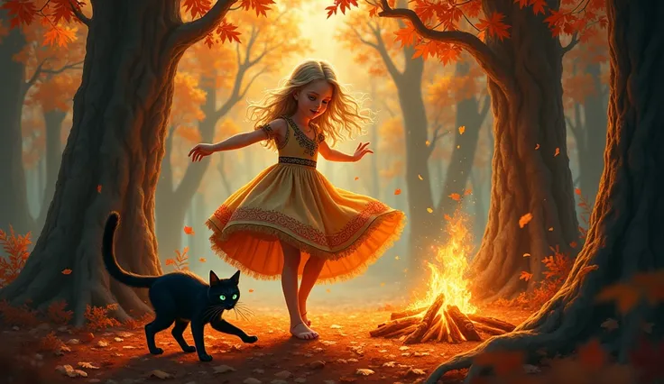 Autumn. forest. Beautifull blonde satanist girl dancing beside fire with black cat 