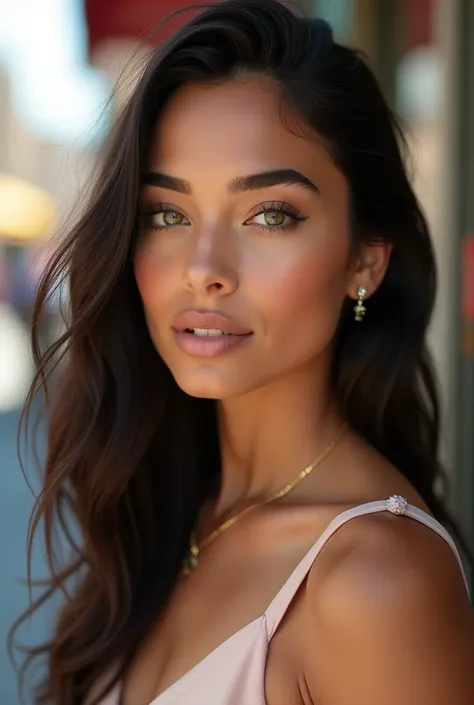 Model for instagram, a beautiful modern portrait of a 25-year-old ispanic woman with light skin and green eyes, reminiscent of a perfect model facing the camera. She has long, dark hair with a natural flow and a warm, inviting expression.