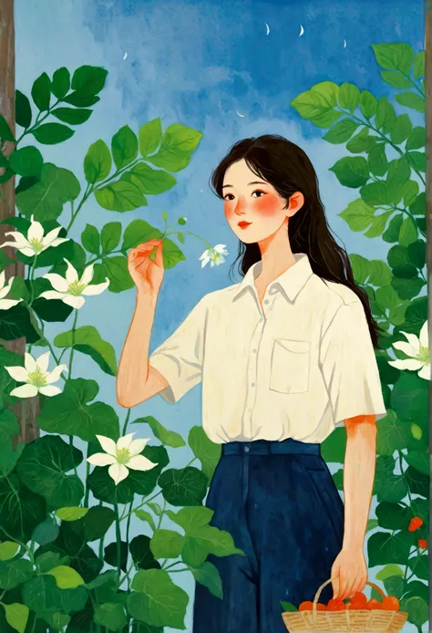 A painting,The painting shows a man wearing a white shirt and green leaves, Woman in flowers, Girl in the flowers, Inspired by Lois Dodd, Inspired by Eugene Glaser, Inspired by Emily Murray Patterson, inspired by Pascale Campion, Alex Katz (Alex Katz) of i...