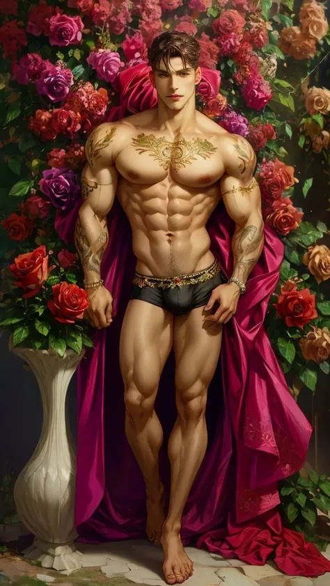 (absurdres, highres, ultra detailed), 1 male, solo, beautiful, handsome, tall muscular guy, smooth skin, sexy gaze, mature, verious red and pink roses around him, the man is standing comfortably in the roses, from directly above, gorgeous, wet, model pose,...