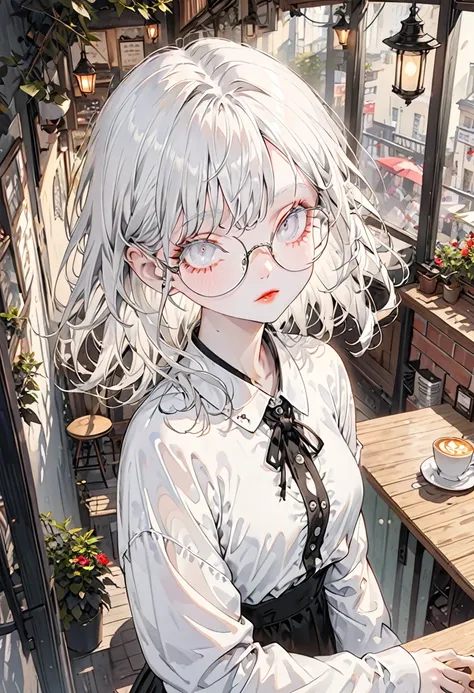 The background is a cafe，(Highest quality,Very detailed,High resolution:1.2),Slim albino girl，Very short white hair,gray bangs，White eyelashes, White eyebrows, White skin，very_Long eyelashes, Detailed lips, Cool look, Soft Skin, Shiny Hair,Exquisite makeup...