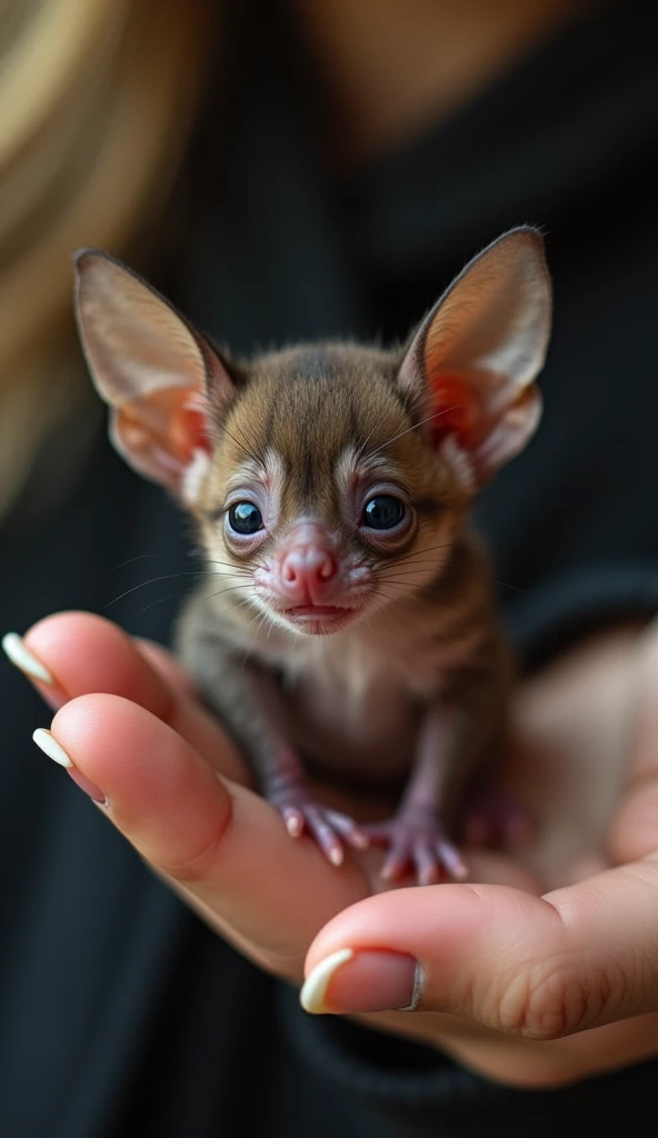 photorrealistic, 64k, tiny baby fat [bat] perched on human perfect woman fingers