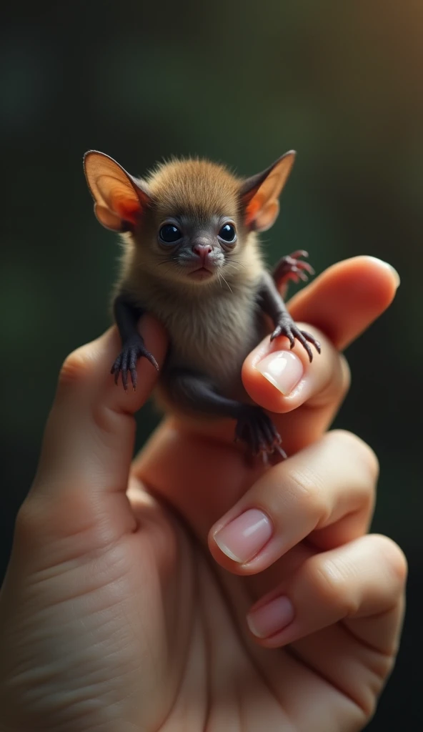 photorrealistic, 64k, tiny baby fat [bat] perched on human perfect woman fingers