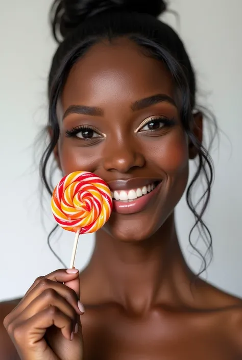 Sexy black model, smile, portrait, pose, lollipop, plain white background, studio shoot