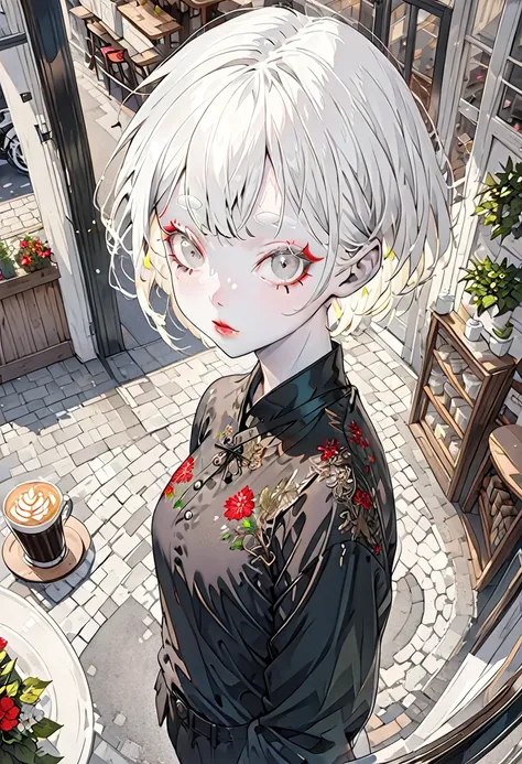 The background is a cafe，(Highest quality,Very detailed,High resolution:1.2),Slim albino girl，Very short white hair,gray bangs，very_long white eyelashes, White eyebrows, White skin，Detailed lips, Cool look, Soft Skin, Shiny Hair,Exquisite makeup,Shot from ...