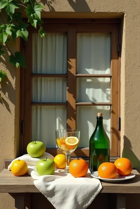 There is a wooden framed window next to the earthen wall.Climb into some vines.Two green apples peek out from the cotton cloth on the wooden table.Green glass bottle with cork.There are lemon slices in the wide mouth glass.Three on the plate.five oranges.T...