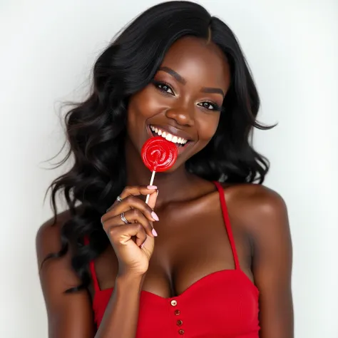 Sexy black model, smile, portrait, pose, lollipop, plain white background, studio shoot