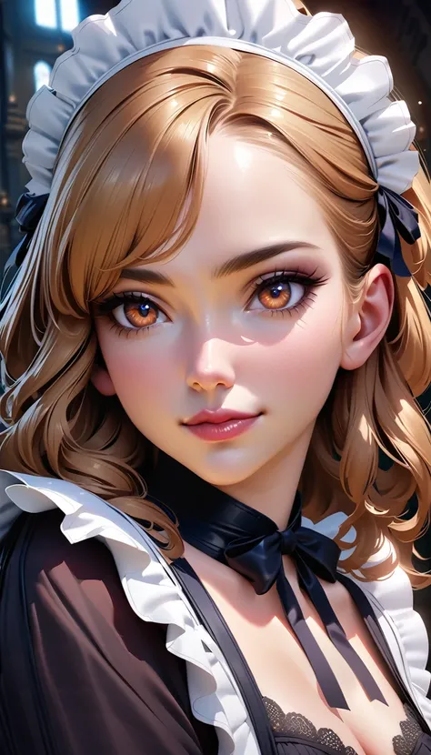 Hentai Anime Style, NFSW, Beautiful detailed portrait of a girl with big eyes, Fuller lips, Smiling Kindly, Long eyelashes, see through Maid clothesを着て, Teen Fabric Clothing, In sensual poses, (Highest quality,4K,8k,High resolution,masterpiece:1.2),Very de...