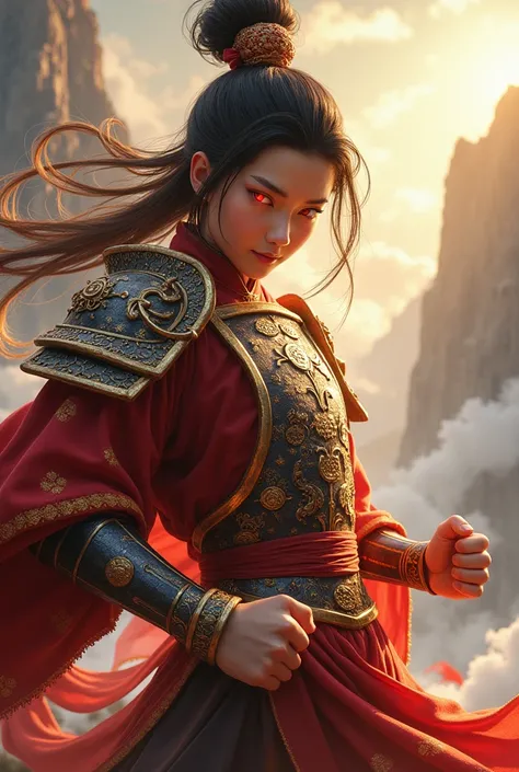 1 person, Fighting Stance, best quality, masterpiece, Perfect body, Delicate face, Perfect anatomical structure, Intricate details,, hair(), sun wukong, Wearing Chinese armor, (Fiery Eyes), Delicate eyes, Red glowing eyes, Grin, Expression, Katsuya Terada ...