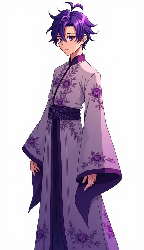 Character Design，whole body镜头，Pure white background，Purple Hair, aldult, aldult face, boy, purple, Chinese dress, Hammerhead, whole body, front, Anime style