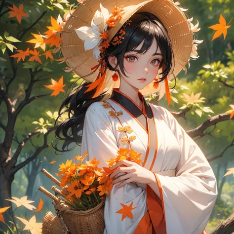 A beautiful female black hair in white hanfu dress , Holding a large woven basket that full of flower in the forest,close up

The backdrop is a mountain that turns orange-red in spring, and maple leaves fall from the trees.