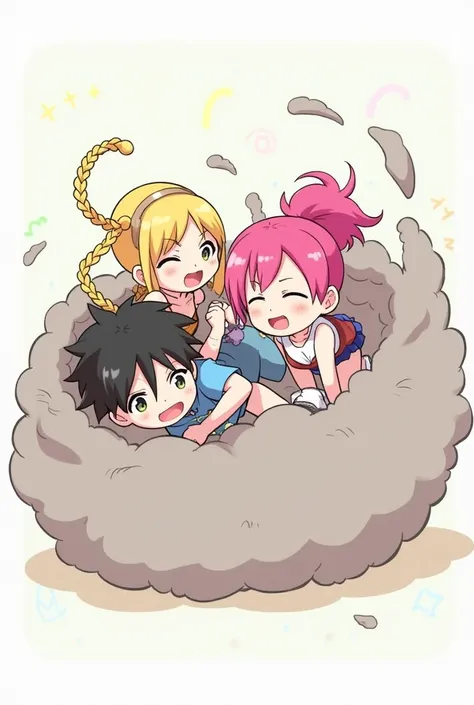 An anime-style illustration depicting two girls and  one boy playfully wrestling with each other inside a gray comical fight cloud (dust cloud).
each girl has different  colored hair: one with blonde braided,another  with pink ponytaile,and one boy with bl...