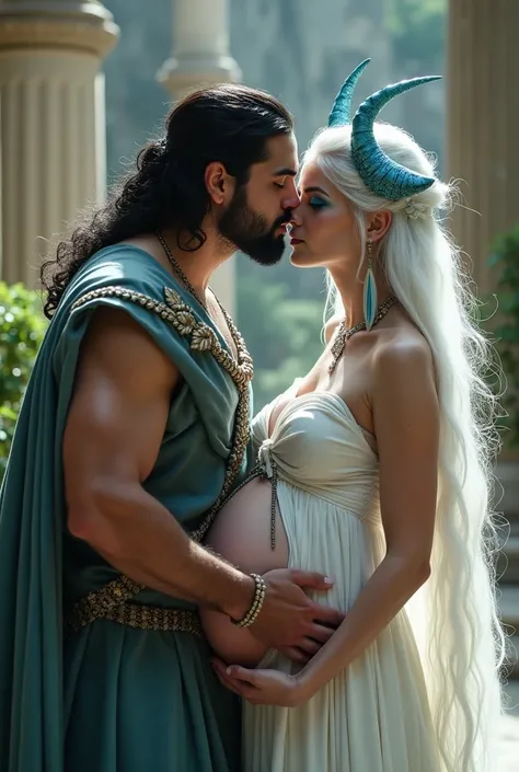  Couple with a very slender beautiful pale dragon in human form with long white hair , pushed back bangs, sharp eyes, slit_ pupils, shiny silver eyes, large breasts, pregnant belly)), blue makeup , blue eyeliner, blue eyeshadow , blue lipstick, beautiful d...