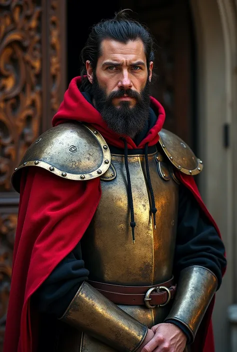 a bearded mountain man  hoodie in a red and black outfit standing in front of a door with, Andor Basch, renaissance, reddit, rugged male medieval knight, viking and templar aesthetics, medieval wear, medieval garb, brass colored armor coat, medieval clothe...