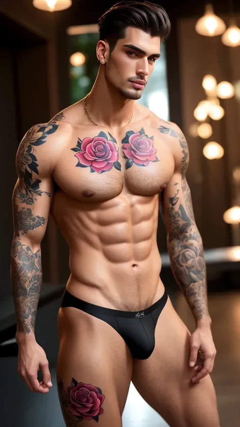 (absurdres, highres, ultra detailed), 1 male, solo, beautiful, handsome, tall muscular guy, smooth skin, sexy gaze, mature, verious red and pink roses around him, the man is standing comfortably in the roses, from directly above, gorgeous, wet, model pose,...