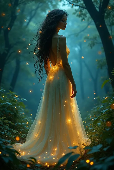 One person, ,,Smile more, High-resolution images, woman, Her hair was decorated with glowing fireflies, Captivatingly shining eyes. Wearing a gown woven with moonlight, She is a tree々Standing in a vibrant and mysterious forest. scene, Surrounded by the fan...