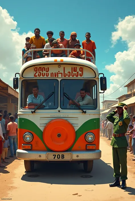 Généré une image dun bus plein des personnes de tous genres noires, qui a trois couleurs orange, blanche et vert et un disque orange au centre de blanche,  sur une route longue en plein bourse, avec un militaire debout à côté du véhicule ses deux mains sur...