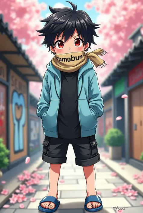 The drawing depicts a boy with black hair and an anime-like appearance. He is wearing a light blue hoodie over a black T-shirt, black shorts, blue geta sandals, black conjunctiva and red cornea, a piece of paper with the word &quot;momobun&quot; written ve...