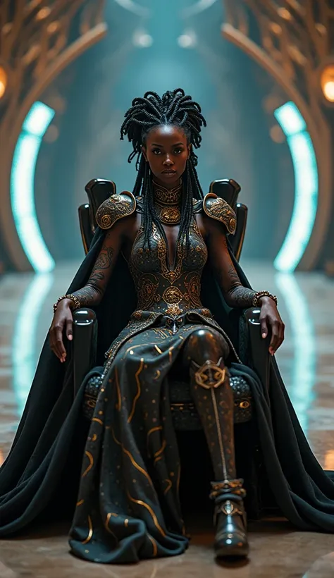 Create a 4K, ultra-realistic image of the African Queen of Nova Aeterna. She has rich, dark skin and regal features, with an elaborate braid hairstyle adorned with metallic beads. She is seated on a sleek, futuristic throne in a grand hall that combines sc...