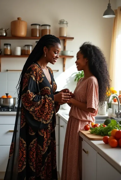 An African mother on a big black gown with long and curly braids talking to her African teenage daughter, fair in complexion, with long curly hair. In the kitchen painted white 