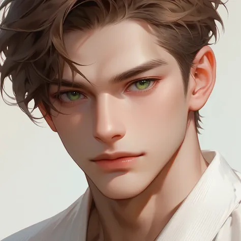 man, short military style brown hair, green eyes, was thick and tall, and had yellowish-white skin, wear a white shirt. Half-Russian-Japanese, muscular, close up, portrait