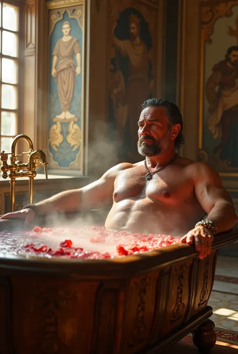 illustrates a 50 year old king bare-chested while taking a bath