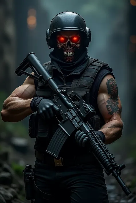 a soldier in balaclava, on which there is a red and white skull. he wears a helmet and bulletproof amour with a rifle and a lighting flare in one hand on the height of his face. the background is dark and he is barely visible