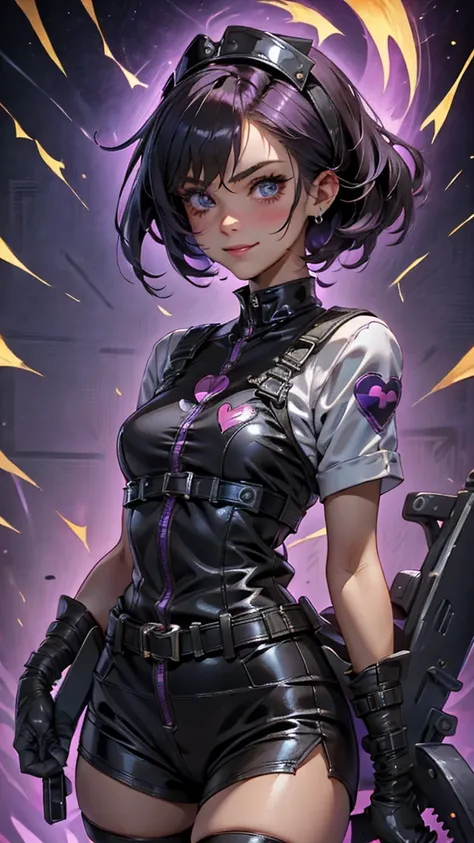 A beautiful girl wearing a black high-necked punk nurse outfit（20-year-old）A person with short purple-highlighted black hair, wearing an eyepatch with a heart on it, holding a small chainsaw and smiling.