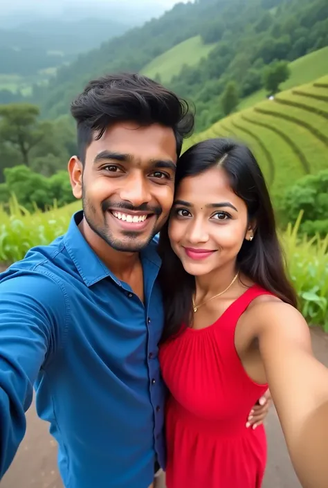 photo of Indian young  straight couple. Male is wearing blue shirt and shorts. Female is curvy chubby white fair skin tone, Big breast.Wearing kerala red full length sleeveless kurtis and in kerala wayanad outdoor.realistic image.selfie photo.Top view. no ...