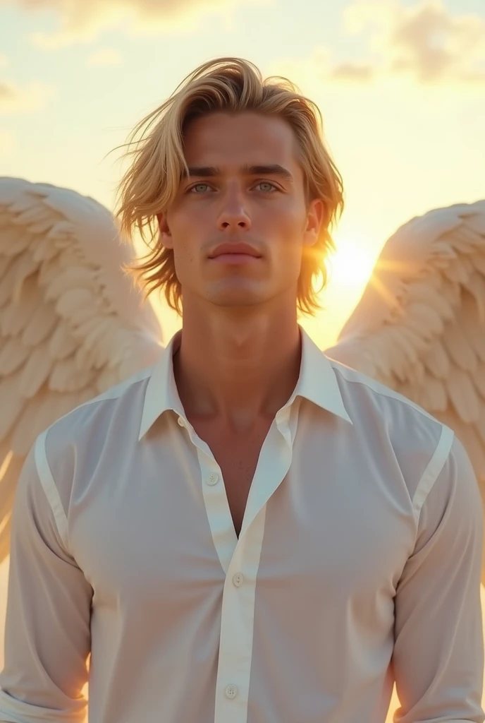 Blonde,White,Handsome young man in his 30s、Blue eyes that seem to be sucked in,Winged Angel,Image,A white shirt shows off your pectoral muscles,Hair is a little longer,A gentle face that soothes everyone、Looking straight ahead