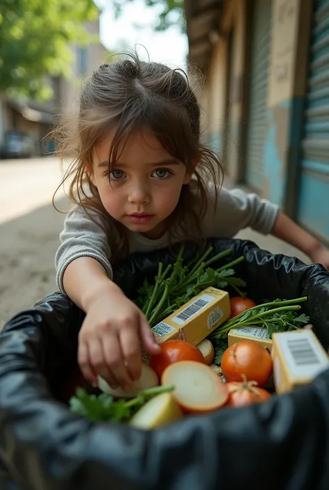 Low angle shot, a girls hand reaches into a dustbin and retrieves the black garbage bag, revealing onion peels, coriander stems, and a few milk cartons inside.