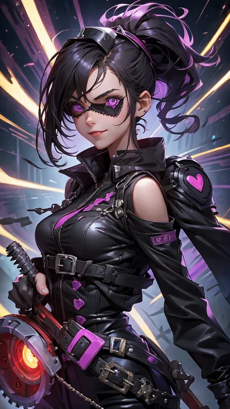 A beautiful girl wearing a black high-necked punk nurse outfit（20-year-old）A person with short purple-highlighted black hair, wearing an eyepatch with a heart on it, holding a small chainsaw and smiling.