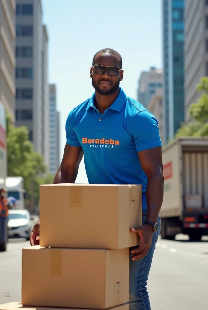 African man who is a professional movers Personnel,at work with a Polo shirt written Bebabebamovers  some carrying packaging boxes