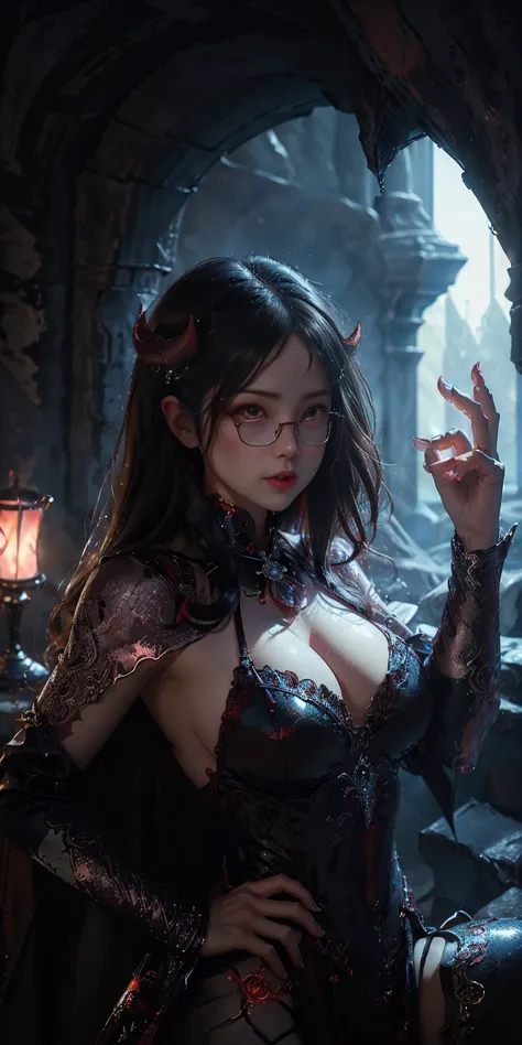 beautiful、(Best illustrations)、8k Ultra HD分辨率、Intricate details、Top quality、Realist、Ultra Detailed、Optimal lighting、Best shadow、Soft lighting、Ultra HD、Dungeons and Dragon、cave、Dungeons、 undead mage、night、Dark Style、Succubus、Devil&#39;s Daughter、Bat Wings，(...