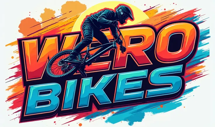 a colorful dynamic freestyle biker team logo for WERO BIKES, racing style font, distinctive stunt bicycle logo, extreme sports, bold colors, high energy, dynamic composition, artistically rendered, vibrant, striking, visually captivating, professional desi...