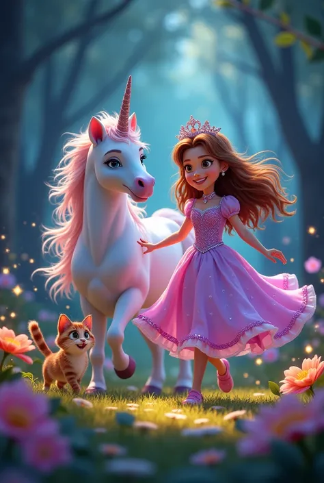 Animated cat with a unicorn and a princess
