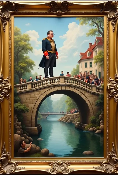 A painting in a golden frame, an old stone bridge over a river, on top of the bridge a man short and fat with glasses in Prussian uniform black red gold, ready to jump down on the shore cheering people in the background villas

