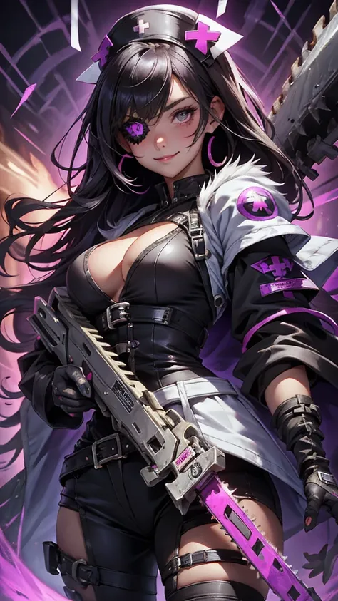 A beautiful girl wearing a black high-necked punk nurse outfit（20-year-old）A person with short purple-highlighted black hair, wearing an eyepatch with a heart on it, holding a small chainsaw and smiling.