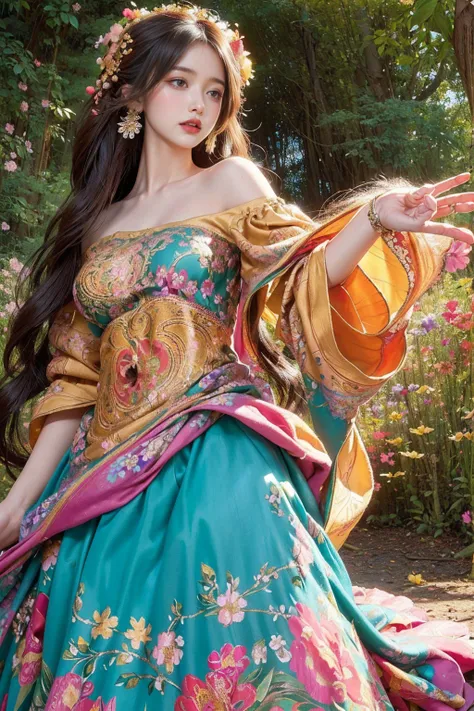 8k, vibrant oil painting, high resolution, very detailed, 1 person, large expressive eyes, delicate facial features, (flowing colorful dress with intricate patterns and floral motifs: 1.5), (wavy shoulder-length hair: 1.2), (lush fantastical forest with wa...