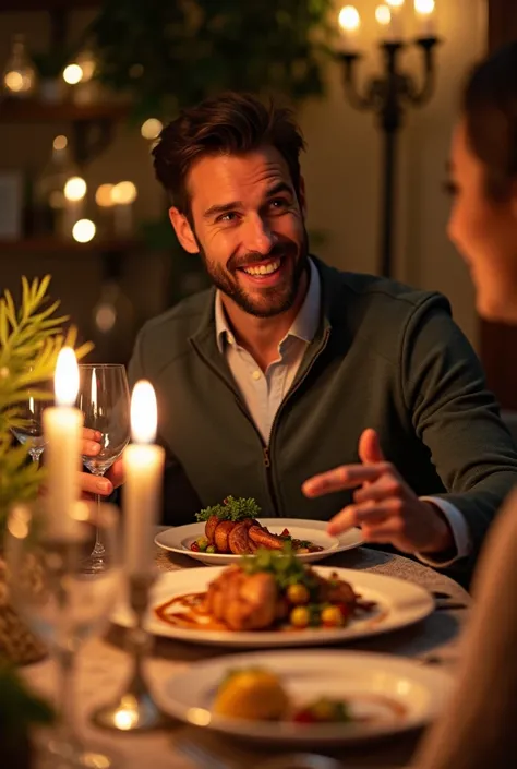 A AI image of husband with a style of talking  and a plate in front of husband with a dinner