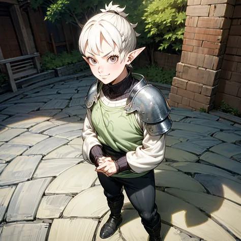 Solo character, full body version, middle aged man, (elf), white eyes, white color hair, undercut hair, ponytail, sweater clothing, black pants, boots, outdoor, town, medieval, standing gesture, detailed background, detailed clothing, detailed hair, (black...